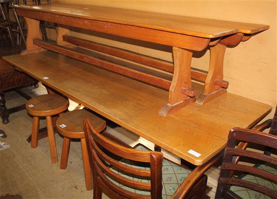 Light oak refectory table, pair benches and two stools